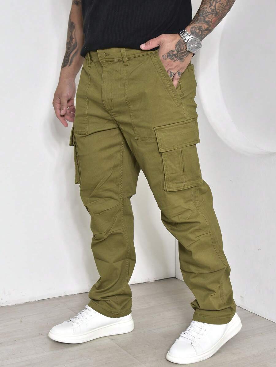 Men's Casual Cargo Pants With Multi-Pocket Design And Elastane - Olive Green - View 1