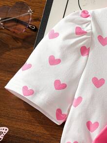 Đầm mùa hè ngọt ngào cho bé gái, cổ tròn, tay phồng, in hình trái tim, trang trí nơ, kiểu dáng thanh lịch, thời trang thường ngày, phù hợp cho bé gái dự tiệc, biểu diễn. - Hồng - Xem 3