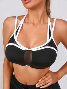 حمالة صدر رياضية نسائية من الشبك والقطن قابلة للإزالة والتعديل، بتصميم قطعتين متداخلتين باللون الأسود - الأسود - مشاهدة 2