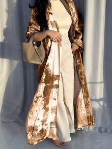 Elegant Abstract Print Long Sleeve Jalabiya Kaftan Dress, Made Of Non-Stretch Woven Fabric, Suitable For Women To Attend Various Occasions - Brown - View 2