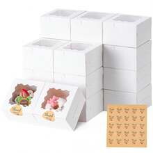 50pcs Cookie Boxes With Window, 4x4x2.5 Inches Bakery Boxes With 50pcs Stickers For Cookies, Bakery, Desserts, Candy, Chocolate Covered Strawberries, Mini Cake (White) - 彩色 - 查看 1