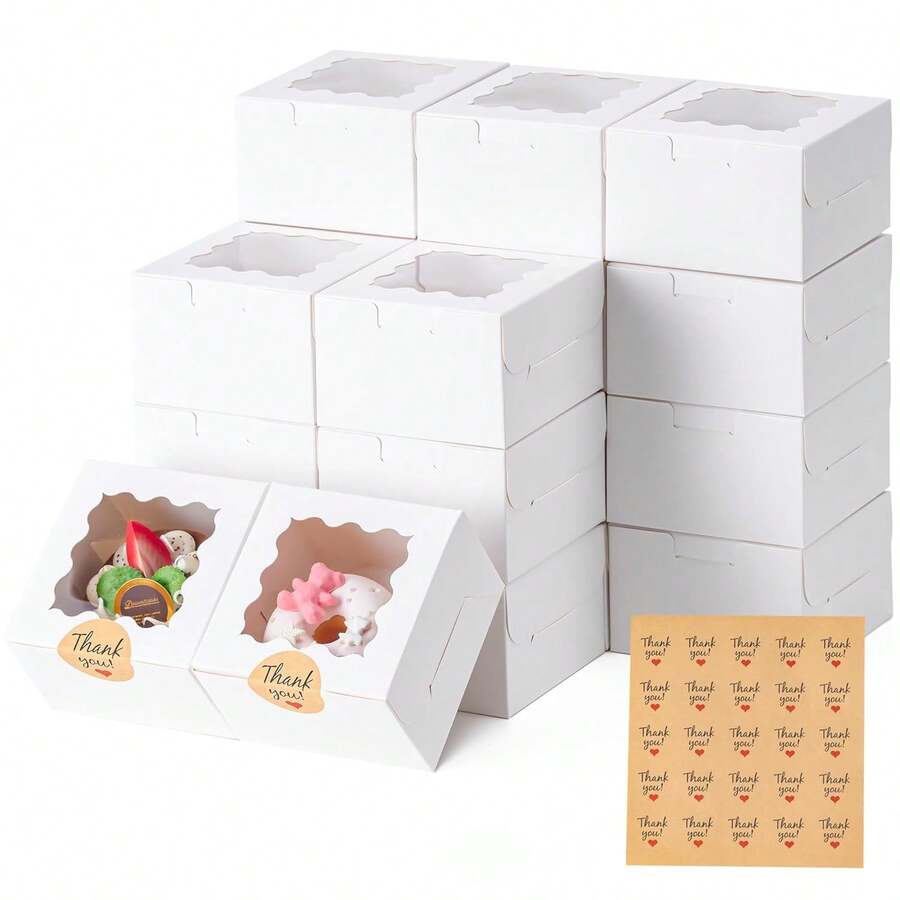 50pcs Cookie Boxes With Window, 4x4x2.5 Inches Bakery Boxes With 50pcs Stickers For Cookies, Bakery, Desserts, Candy, Chocolate Covered Strawberries, Mini Cake (White) - 彩色 - 查看 1