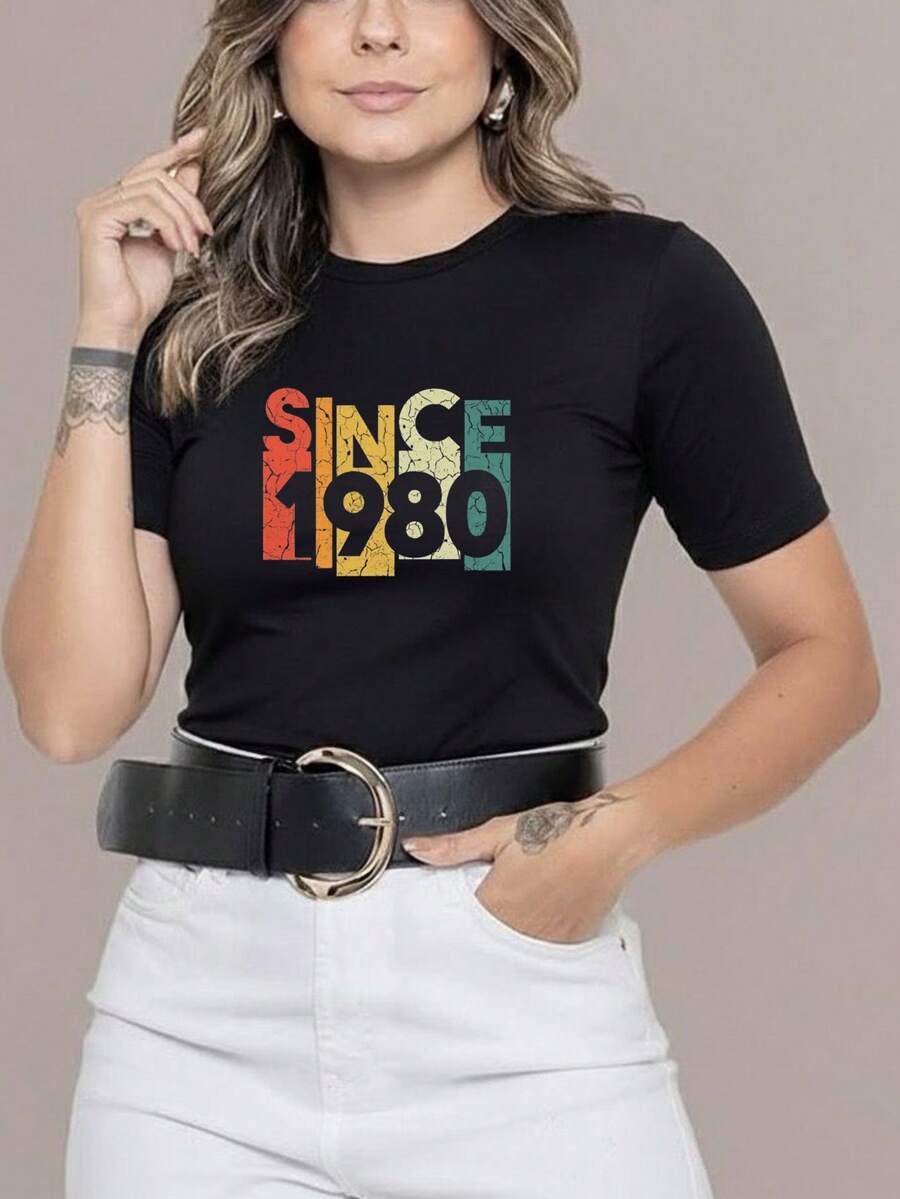 Women's Vintage Babylook T-Shirt Since 1980 Lightweight 100% Cotton Knit - 80s Colorful Retro Cotton Various Colors - màu đen - Xem 1