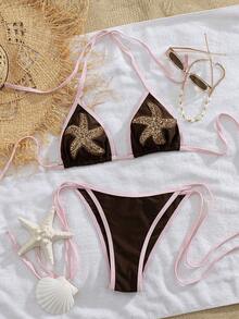 Maillot de bain deux pièces à la mode 2026 pour femme, couleur unie, sexy, bohème, élégant, décontracté, mignon, dos nu à nouer, idéal pour la plage, les vacances, un rendez-vous, au quotidien, printemps-été. - Multicolore - Voir 2