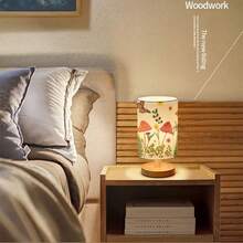 Mushroom  Patterns Desk Lamp LED Bulb Included(Three Lighting Settings), Small Bedside Table Lamp - Classic Wood Base With Flaxen Fabric Shade, Lamps For Night Stands, Simple Nightstand Light For Bedroom, Office, Desk - 彩色 - 查看 7