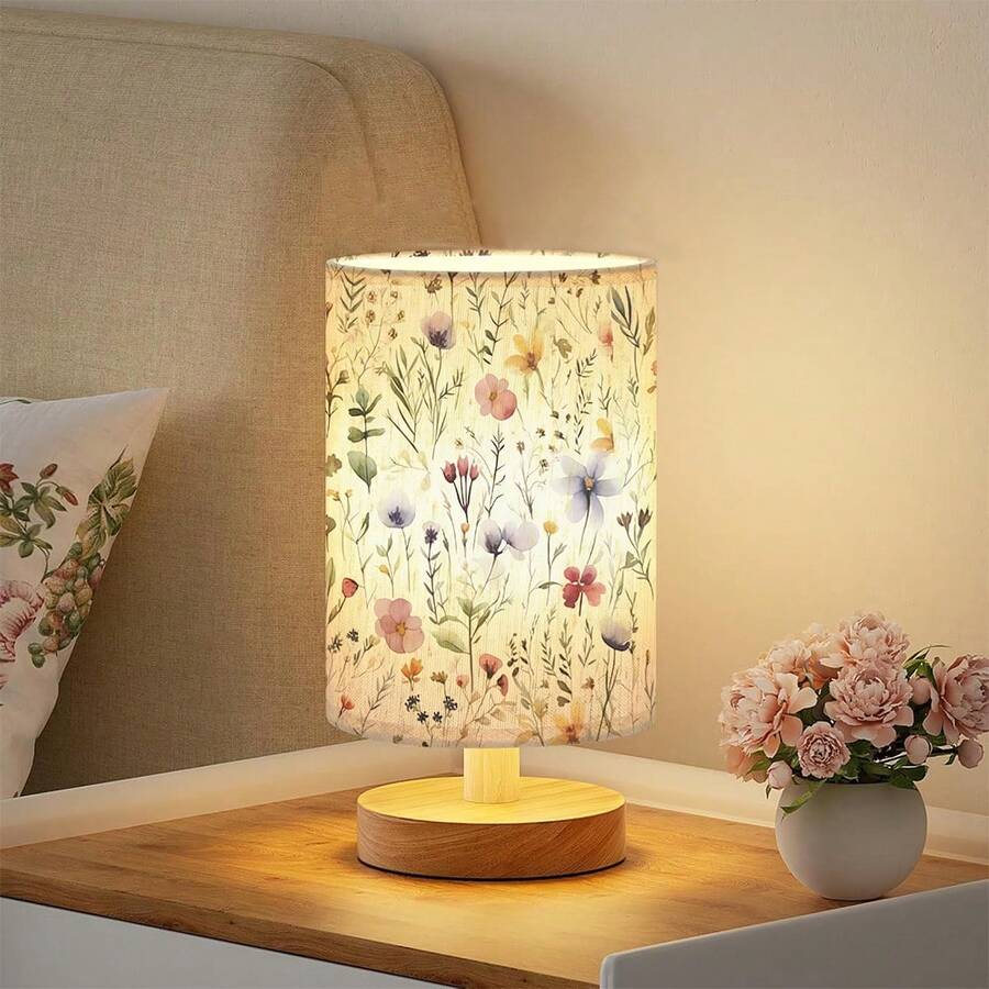 Lámpara de escritorio con patrón de flores, bombilla LED incluida (tres ajustes de iluminación), pequeña lámpara de mesita de noche - base de madera clásica con pantalla de tela de lino, lámparas para mesitas de noche, luz de mesita de noche sencilla para dormitorio, oficina, escritorio - Multicolor - Ver 1