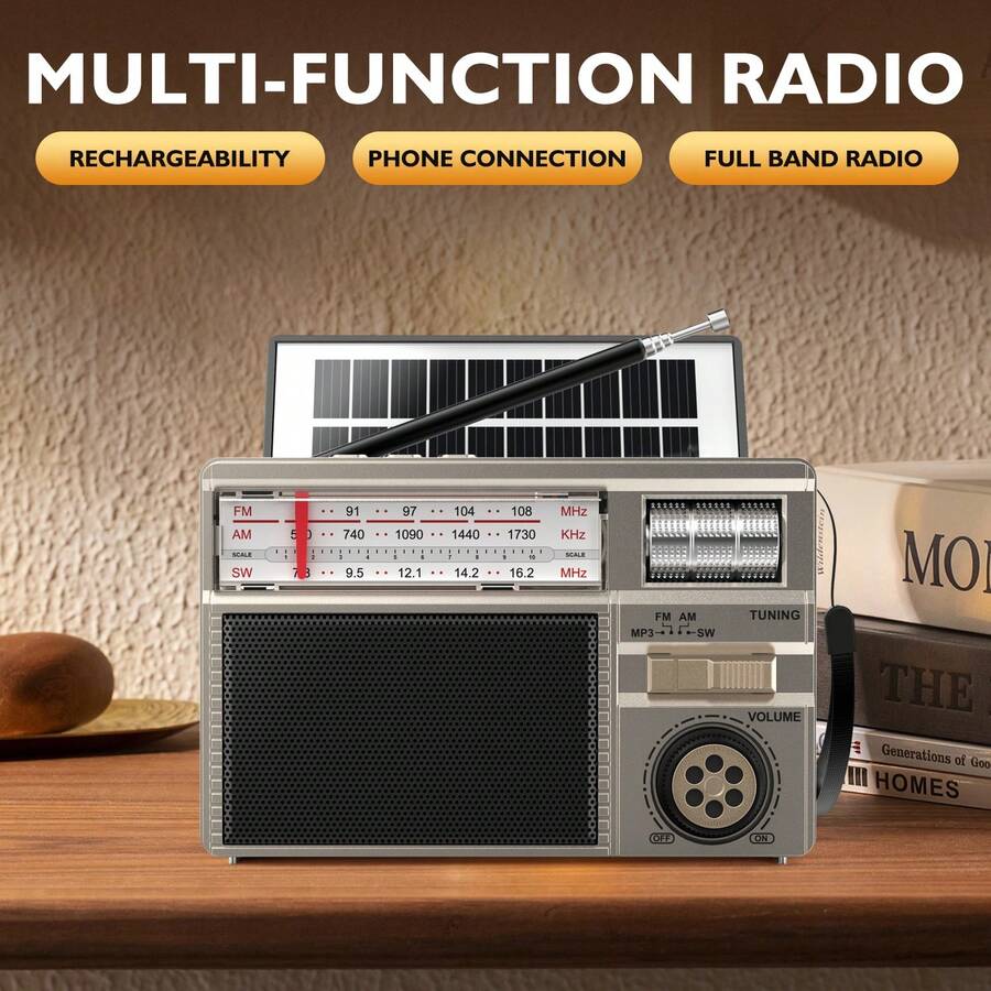 Radio de todas las bandas con conexión de audio inalámbrica, carga solar y multimodal, batería de larga duración de 1200mAh y múltiples modos de reproducción - Dorado - Ver 1