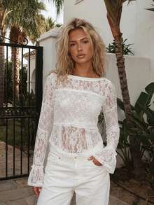 Women's Spring Summer Lace Tops Long Flared Sleeve Round Neck  Slim Fit Blouse - White - View 2