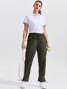 3 Pack Women's Fashion Solid Color Casual Drawstring Waist Cargo Pants, Zipper Pockets, Multi-Pocket Design, Daily Wear Long Trousers - Gray Green Khaki - View 8