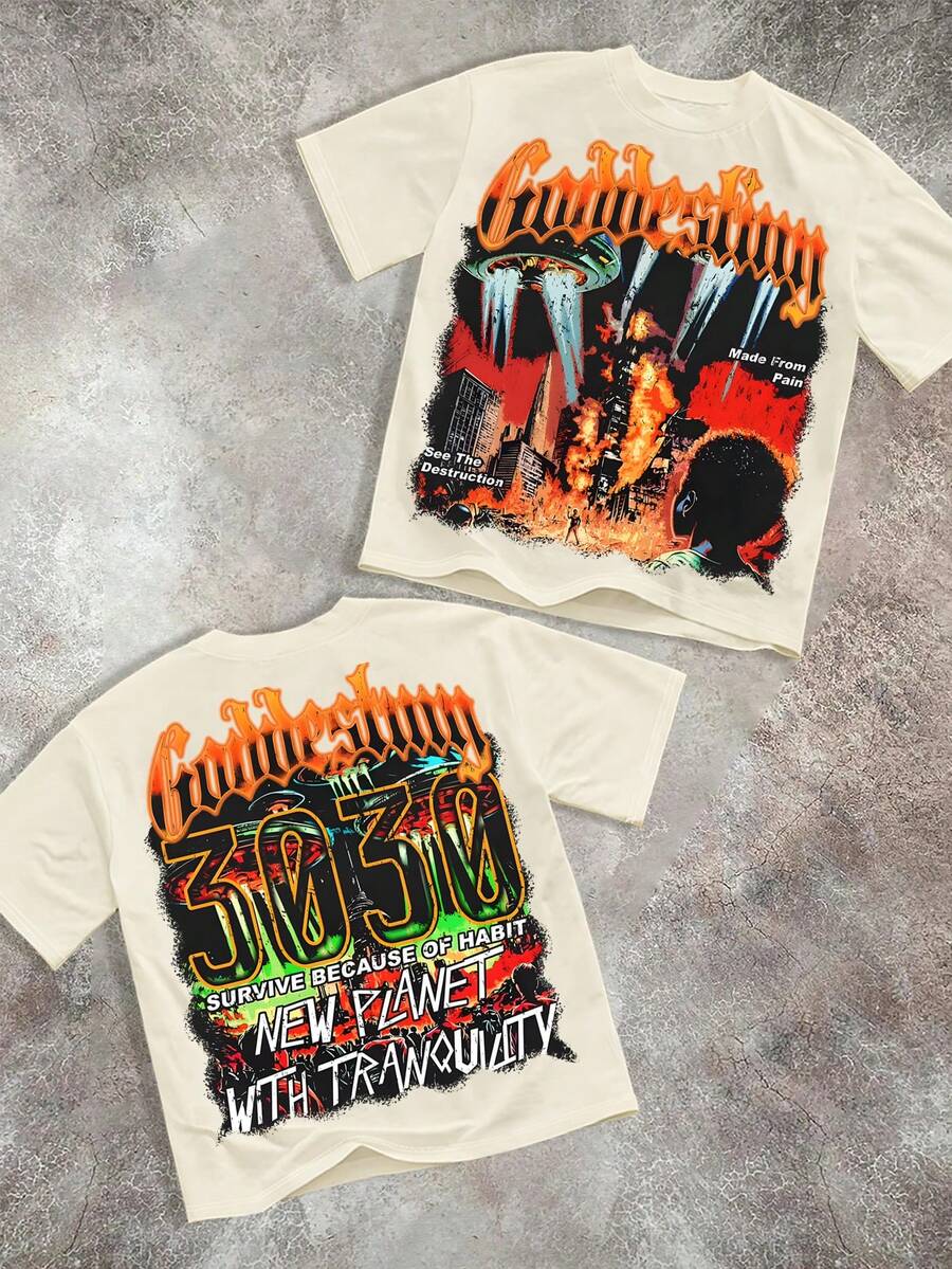 Apocalyptic Chaos Tee (220g Cotton T-Shirt) Sci - Fi Doom T - Shirt: City Destruction  Printed T-Shirts, Unisex T-Shirts, Casual And Comfortable To Wear - 杏色 - 查看 1