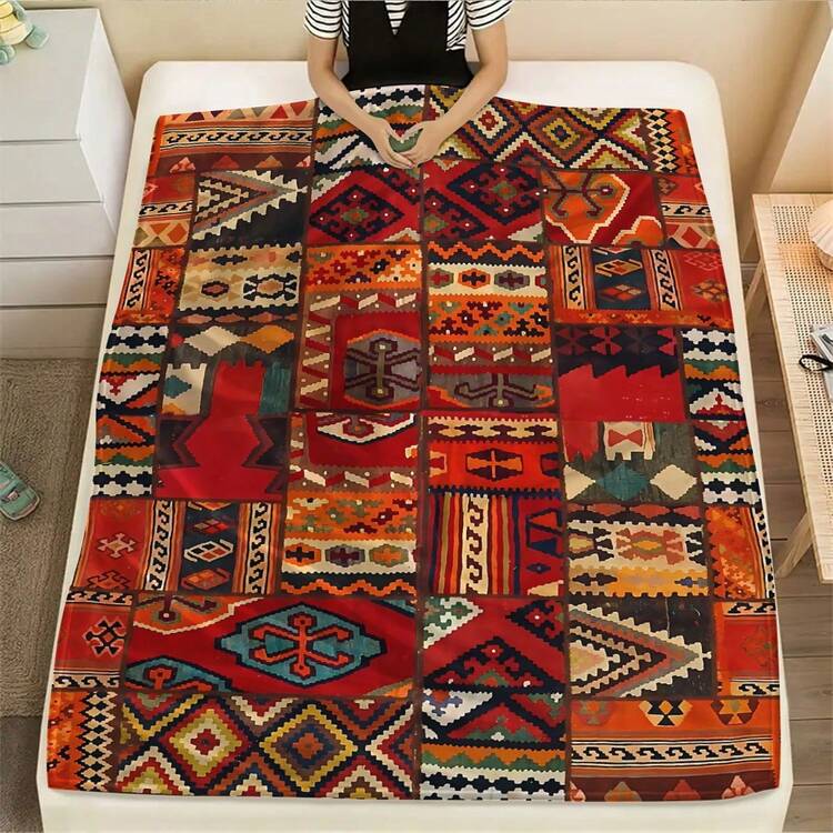 1pc Soft & Warm Vintage Geometric Pattern Flannel Blanket - Versatile For Sofa, Bed, Car, Office, Camping | All-Season Gift - Multicolor - View 5