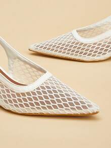 Pointed Toe Minimalist Mesh Breathable Buckle Office Stiletto High Heels - White - View 3