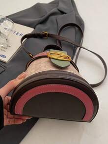 2026 New Printed Bucket Bag, Unique Design Half-Round Handbag, Women's Fashion Color Block Shoulder Bag, Classic Lightweight Luxury Crossbody Bag - 玫紅色 - 查看 8