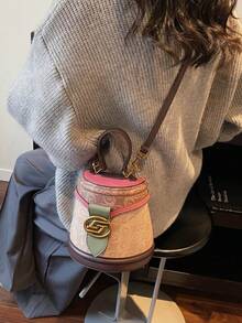 2026 New Printed Bucket Bag, Unique Design Half-Round Handbag, Women's Fashion Color Block Shoulder Bag, Classic Lightweight Luxury Crossbody Bag - 玫紅色 - 查看 9