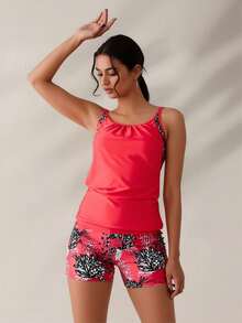 Conjunto de traje de baño de dos piezas para mujer - Mezcla de estampados y colores sólidos para playa y resort - Naranja - Ver 7