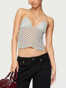 Womens Sexy Backless Halter Top Y2k Polka Dot Print Spaghetti Strap Sleeveless Deep V Neck Tie Back Cami Tank Tops Mesh See Through Camisole Crop Tops Summer Cute Going Out Tops Party Club Beach Vacation Streetwear - 白色 - 查看 3
