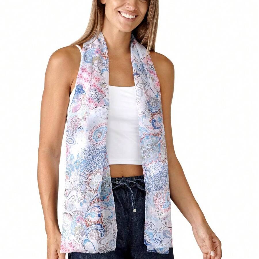 MELIFLUOS - Bufanda para mujer, ligera, de 62 x 18 pulgadas, para primavera, verano, otoño - Colección Deia - Paisley gris y azul - Ver 1