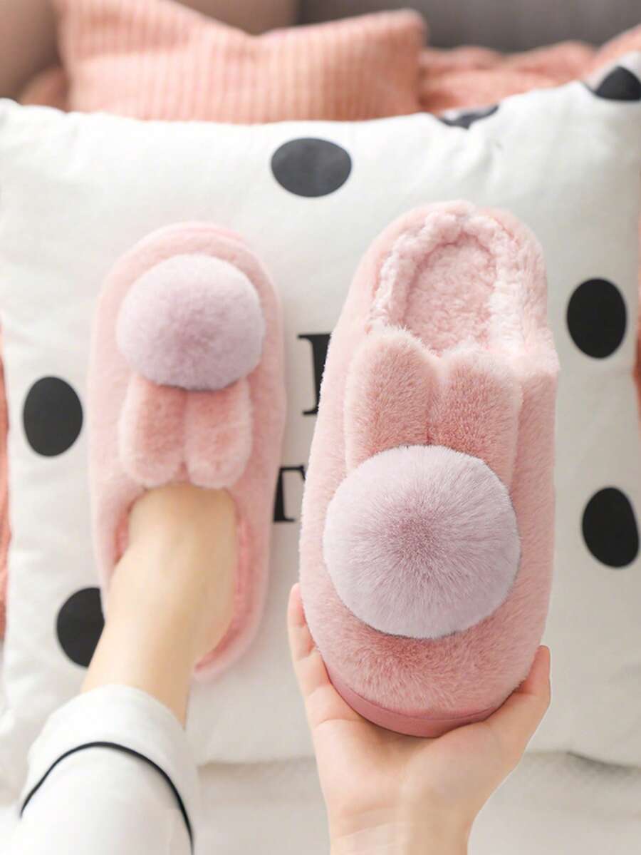 Fashionable Rabbit Ear Decor Anti-Slip Warm Fluffy Student Slippers, Kids/Teens Slippers - Pink - View 1
