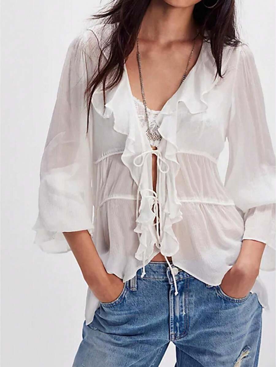 Women Long Sleeve Sheer Mesh Tops Deep V Neck Front Tie Ruffled Casual Shirts 2026  See Through Blouse - 白色 - 查看 1