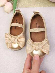 1 Pair Girls' Lace Bow Soft Bottom Sweet Cute Princess Style Slip-On Flat Shoes, Suitable For Spring & Autumn - Gold - View 3