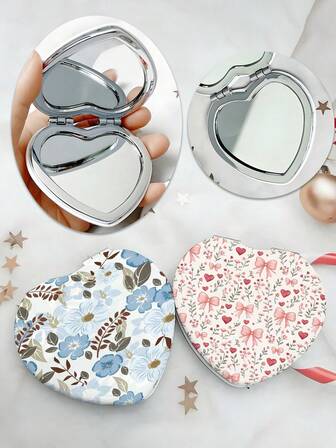 1 PIEZA Espejo compacto plegable de alta gama con estampado de lazo en forma de corazón por ambos lados, fácil de transportar, espejo de maquillaje plegable - pequeño, de doble cara con función de aumento, adecuado para billeteras y viajes, Día de San Valentín, regalo perfecto para mujeres, niñas y madres