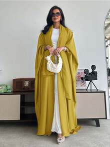 Conjunto de túnica holgada de color liso con mangas de murciélago y pañuelo de estilo árabe, atuendo primaveral y otoñal - Amarillo Mostaza - Ver 4
