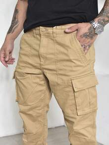 Men's Casual Cargo Pants With Multi-Pocket Design And Elastane - 駝色 - 查看 5