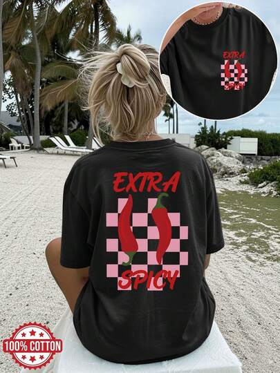 [Double-Sided Print Front And Back] Spring Summer Loose Casual Women's Blouse Hand-Painted Style Pepper, Check Pattern EXTRA SPICY Print Short Sleeve Round Neck Pure Cotton Plus Size Drop Shoulder T-Shirt [Chu]