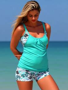 Women's Two-Piece Swimwear Set – Mix Of Print And Solid Styles For Beach & Resort Wear - 薄荷綠 - 查看 7