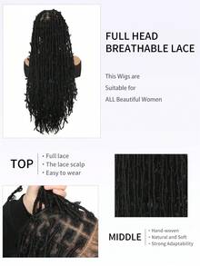 Peruca de Renda Completa de 30 Polegadas, Tranças Sem Nós, Cabelo da Moda Encaracolado, Tranças Dreadlock, Peruca Sintética de Renda Completa com Cabelo Curto para Mulheres, Trançada para Peruca Tecida, Preta, Ombré Preta e Marrom, Borgonha, Multicolorida para Uso Diário, Festa, Feriado e Festival de Música, Halloween - Preto - Visão 6