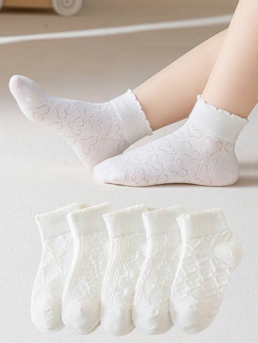 5 Pairs Kids Mid-Calf Socks, Breathable Mesh Material, Designs Include Smiling Face, Rabbit, Heart And Diamond Stripe, Suitable For Girls Wear In Summer, Breathable And Comfortable, Fit For Girls Aged 1-16 - White - View 1