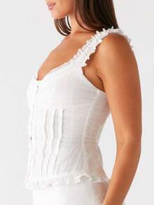 Women Solid Color Lace Tank Top Cute Y2K Lace Crop Vest Casual Square Neck Open Front Cami Top Summer Streetwear - 白色 - 查看 4