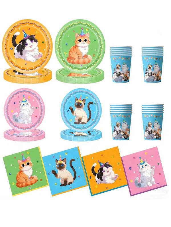 Juego de 10 piezas de suministros para fiesta de cumpleaños con tema de gatos, incluye platos, vasos, servilletas y vajilla desechable con diseños de gatitos y huellas de gato para niñas, baby shower y decoración de fiestas