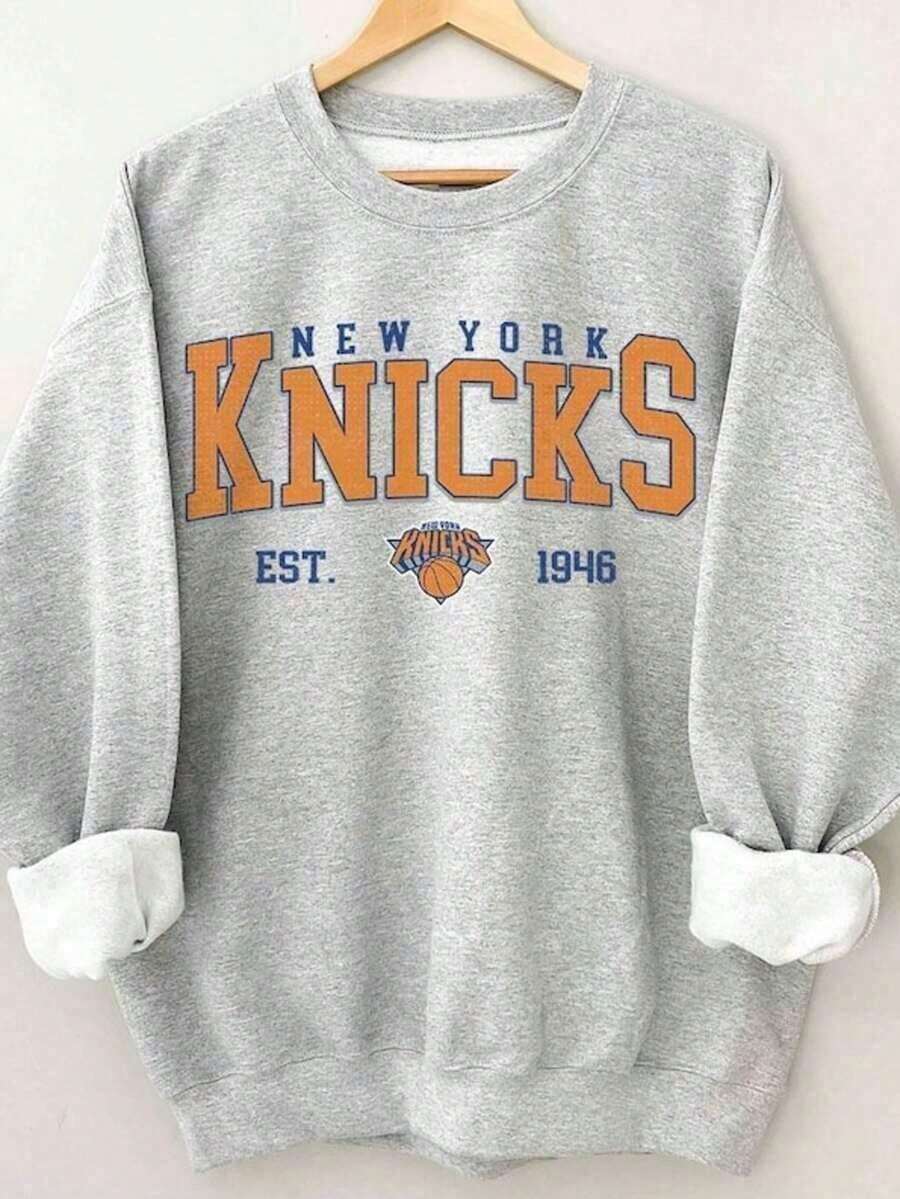 Hoodies For WomenBasic Cotton Vacation T-Shirt Vintage 90s New York Knicks Shirt, Crewneck New York Knicks Sweatshirt, Retro Hoodie For Women And Men Unisex Basic Layering T-ShirtLoose And Comfortableed Hardy Clothes Tops - 灰色 2 - 查看 1