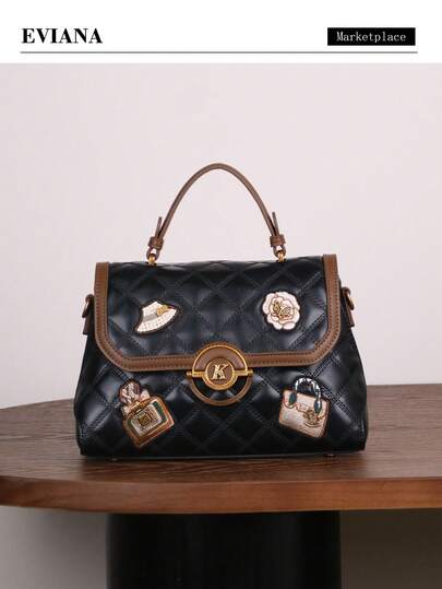 Niche Design Fashion New Women's Handbag, High-End Rhombus Embroidery Contrast Color Boston Pillow Bag, Luxurious Commuter Large Capacity Shoulder Crossbody Bag