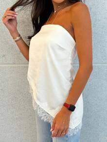Women Satin Lace Tube Top Silk Strapless Backless Asymmetrical Bandeau Tops Y2k Going Out Streetwear - trắng - Xem 3
