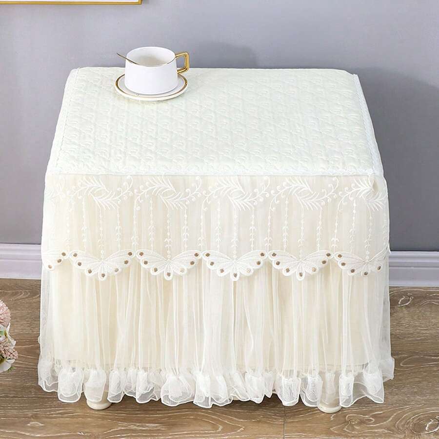 Mantel de gasa elegante de color liso con volantes blancos y ribete de encaje de mariposa para mesita de noche, mantel de tul, funda antipolvo para decoración de fiestas en el hogar. - Blanco - Ver 1