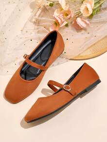 Women's Square Toe Mary Jane Flats - Classic & Versatile Burnt Orange, Soft Rubber Sole And Padded PU Insole - Comfortable For Office And Casual Wear, Suitable For All Seasons, Women's Flat Shoes, New, Fashion, Minimalist, Slip-On, Solid Velvet - Buckle Style - 亮橙色 - 查看 15