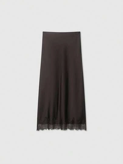 Jupe élégante en couleur unie marron avec patchwork en dentelle, convient pour le trajet domicile-travail