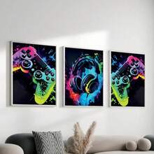 3 pièces/set Affiches sur canevas thème jeux vidéo, Œuvre murale thème jeux vidéo, Cadeau idéal pour les joueurs, garçons, adolescents, chambre, dortoir, décoration de maison, Œuvre murale casque de jeu coloré, Peinture sur canevas, Chambre, Salon, Couloir - multicolore - Voir 5