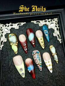 DIY Zebra/Leopard Print Nails10pcs French Tips Nail Art White/Gold/Green/Orange Long Stiletto Acrylic Press On Nails 3D Carving Flowers 3D Beans 3D Gold Circles Diamonds Blending, Cat's Eye For Holiday/Daily With Free Gel Sticker Nail File. - 彩色 - 查看 1