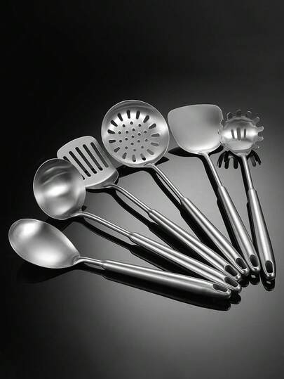 1 pieza Espátula de cocina de acero inoxidable, utensilio de cocina, cucharón de sopa de mango largo, colador, raspador de sartén, pala de arroz