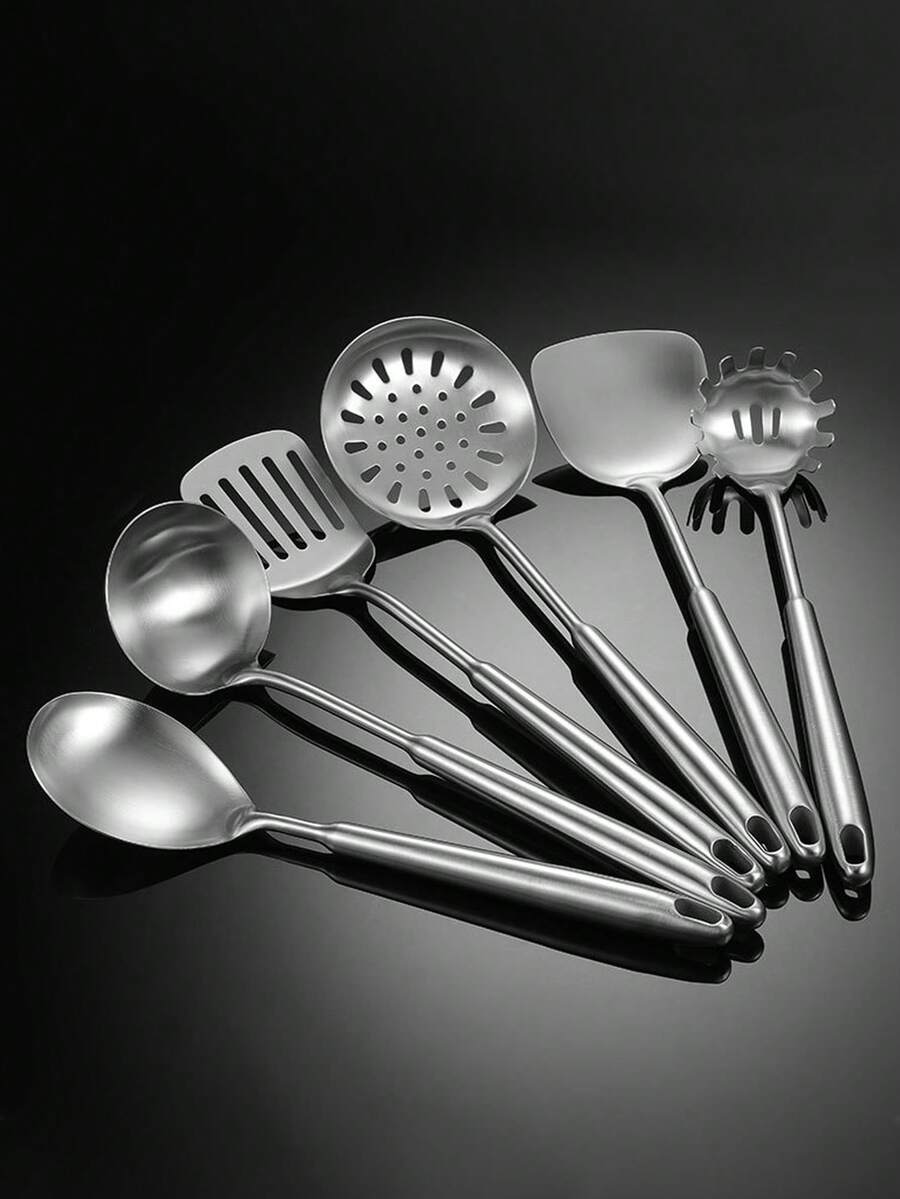 1pc Stainless Steel Cooking Spatula, Kitchen Utensil With Long Handle, Soup Ladle, Strainer, Frying Pan Scraper, Rice Paddle - Silver - View 1