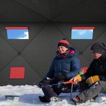 CuisinSmart Ice Fishing Shelter,1-2 Person Pop-Up Ice Fishing Tent 210D Ice Fishing Tent,Portable Hub-Style Shanty With Carrying Bag,Zippered Door,Wind Rope & Anchors - 141.73*70.8*77.74 INCH | Red + Black - View 4