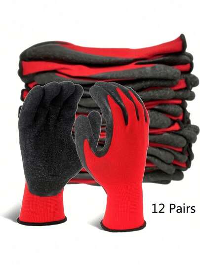 12双装通用尼龙工作手套，红灰色园艺手套，透气乳胶涂层，不含酒精，男女通用，适用于建筑、仓储、园艺和景观美化等行业。