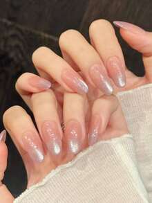 10PCS Middle Oval Handmade Press On Nails For Party And Daily Wear, Pink Color Nails, Oval Nails, Shiny And Dazzling, Easy To Wear 10pcs Y2K Handmade Press On Nails, Suitable For Girls And Women Festivals Parties And Daily Wear Nail Supplies - Pink - View 4