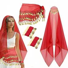1 Belly Dance Set,Hand-Sewn Golden Coin Belly Dance Hip Scarf With Chiffon Bandana & Wrist Bracelets, Belly Dance Accessories - Multicolor - View 9