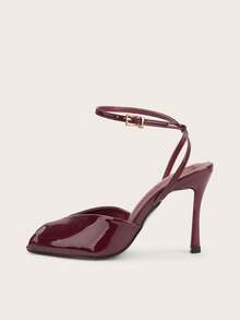 Sexy Patent Leather Buckle Square Toe Open Toe Party Banquet Stiletto High Heels,Mothers Day Gift - Burgundy - View 2