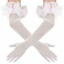 Women's Long Puff Sleeve Oversize Ruffle Cuff Sheer Gloves Tulle Mesh Gloves Wedding Opera Party Costume Gloves,Ivory - 象牙 - 查看 1