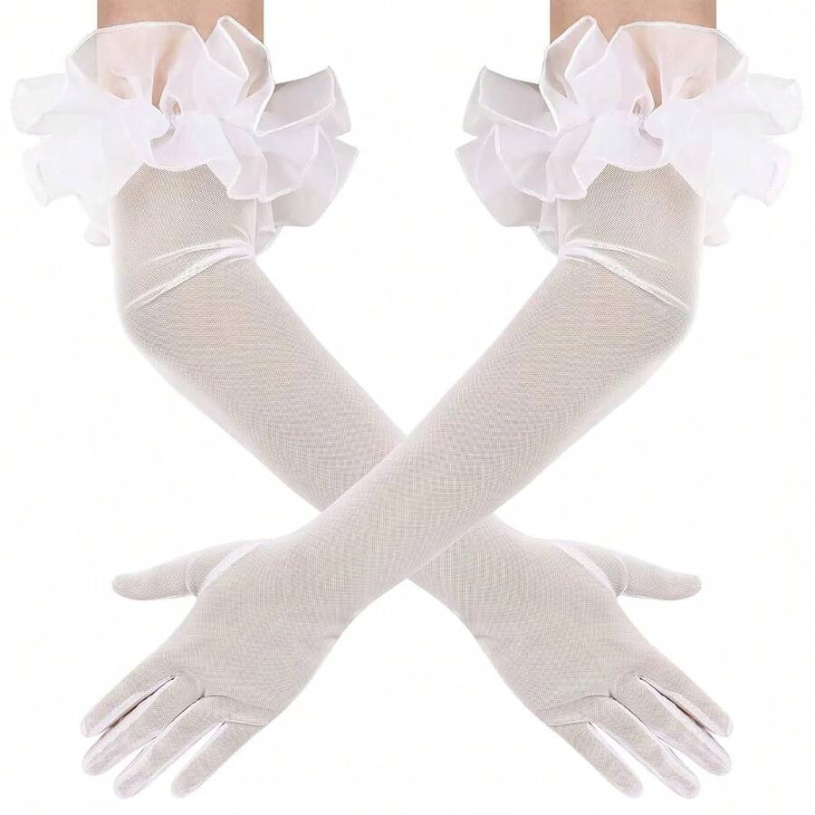 Women's Long Puff Sleeve Oversize Ruffle Cuff Sheer Gloves Tulle Mesh Gloves Wedding Opera Party Costume Gloves,Ivory - 象牙 - 查看 1